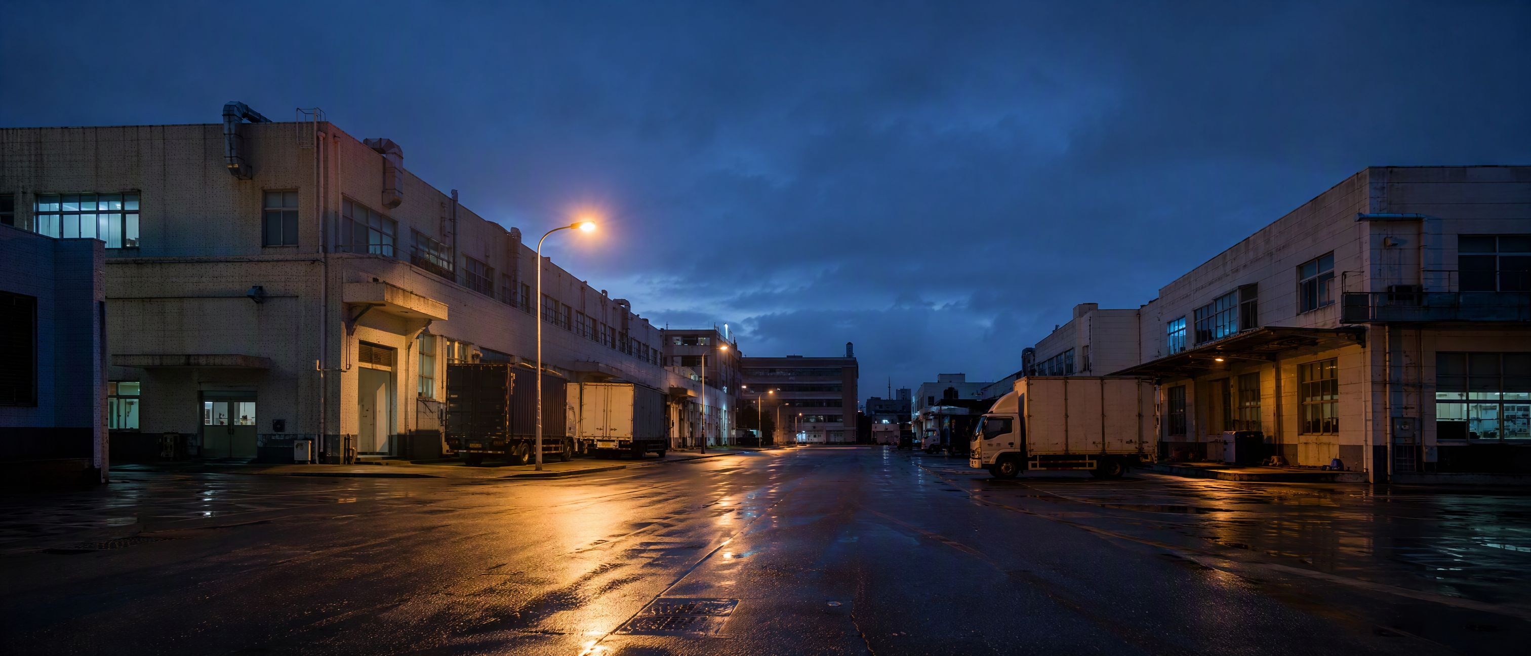 Electronics manufacturing district at dusk