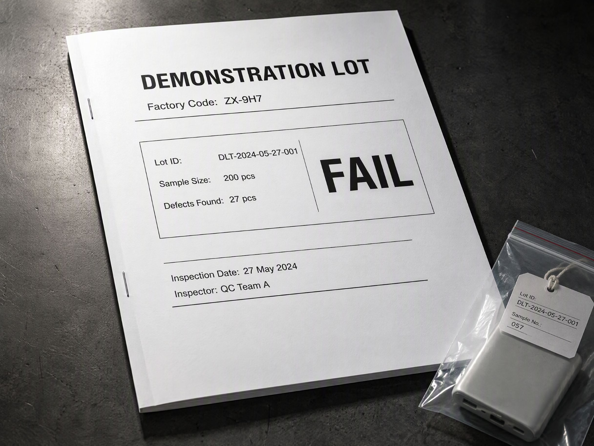 Demonstration report cover showing a failed inspection result
